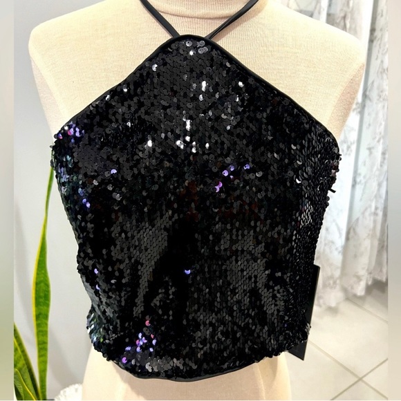 NEW set of House of Harlow 1960 Black Sexy Sequin halter top & pants Small NWT - Picture 2 of 8